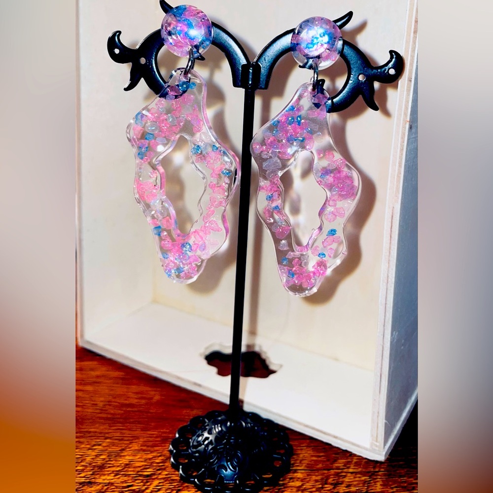 Pink and blue dangle earrings with stud posts